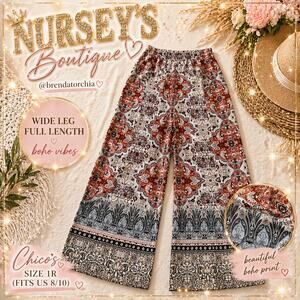 Chico’s Boho Wide Leg  Pants 1R Medallion Print Elastic Waist M 8-10 US